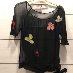 Tocca sheer black top with embroidered flowers